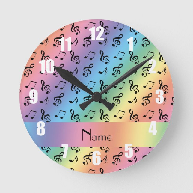 Horloge Ronde Nom personnalisé notes de musique arc-en-ciel (Recto)