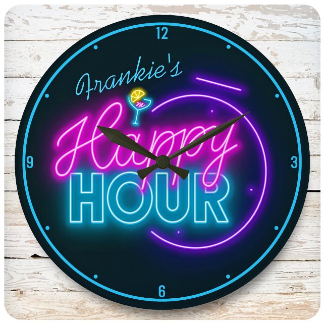 Horloge Ronde NOM Personnalisé Retro Faux Neon Happy Hour Bar (Créateur téléchargé)
