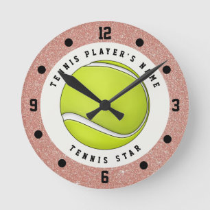 Horloge Ronde Nom personnalisé Tennis Rose Gold Glitter Ball