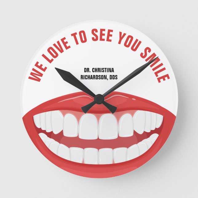 Horloge Ronde Nom personnel Bureau dentaire Gros sourires dents (Recto)