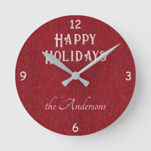 Horloge Ronde Nom sur Happy Holidays Red Denim Imprimer 8 po
