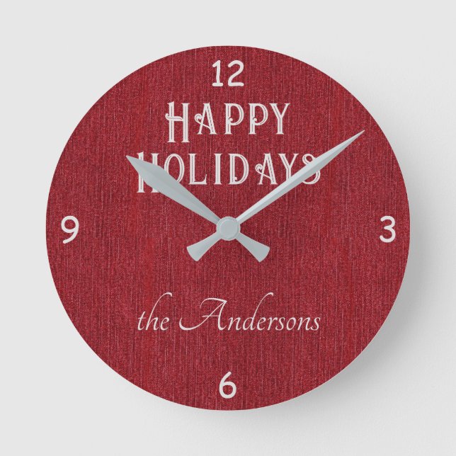 Horloge Ronde Nom sur Happy Holidays Red Denim Imprimer 8 po (Recto)