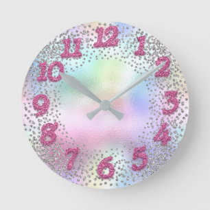Horloge Ronde Nombre rose Unicorn Parties scintillant Holographe