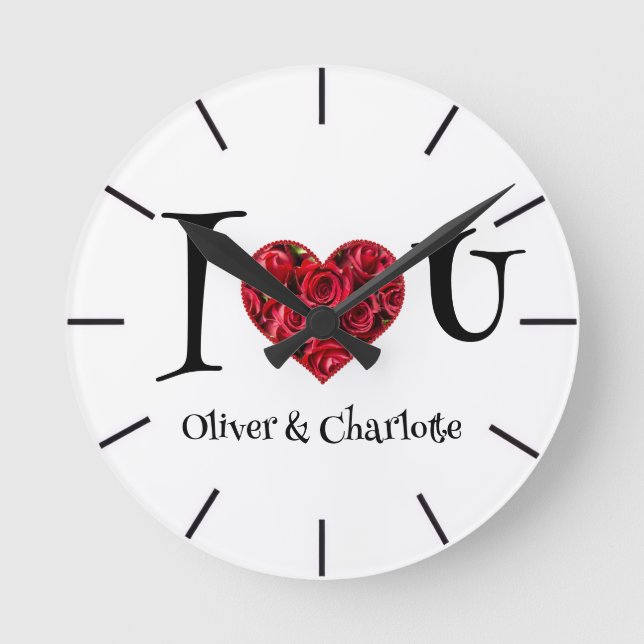 Horloge Ronde Noms de couple personnalisés Je t'aime ❤️ (Recto)