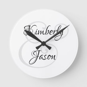 Horloge Ronde Noms de script pour lui et elle, noir et gris