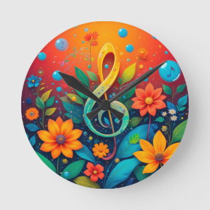 Horloge Ronde Note Musicale Artistique Entourée De Fleurs Coloré