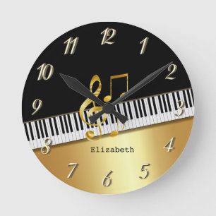 Horloge Ronde Notes de musique élégantes modernes noir or,Piano 