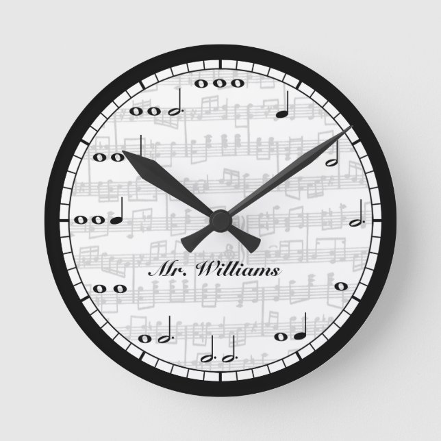 Horloge Ronde Notes de musique en noir et blanc personnalisées (Recto)