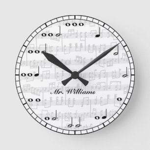 Horloge Ronde Notes musicales en noir et blanc personnalisées H