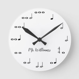 Horloge Ronde Notes musicales personnalisées en noir et blanc