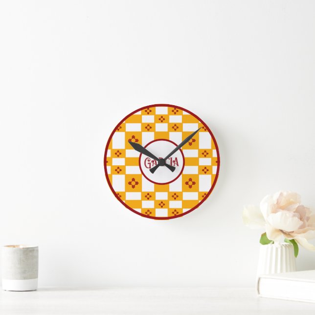 Horloge Ronde Nouveau-Mexique Zia Jaune Rouge Blanc Carrés (Maison)