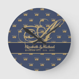 Horloge Ronde Nouveaux Mariés Couronne Bleu Nuit Or Monogramme R