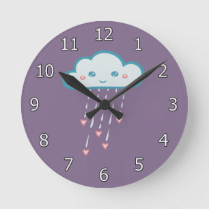 Horloge Ronde Nuage de pluie bleu heureux pleuvant les coeurs
