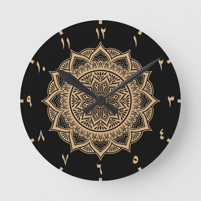 Horloge Ronde Numéros Arabes Dorés Mandala (Recto)