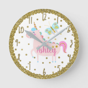 Horloge Ronde Nurserie licorne rose et or à paillettes