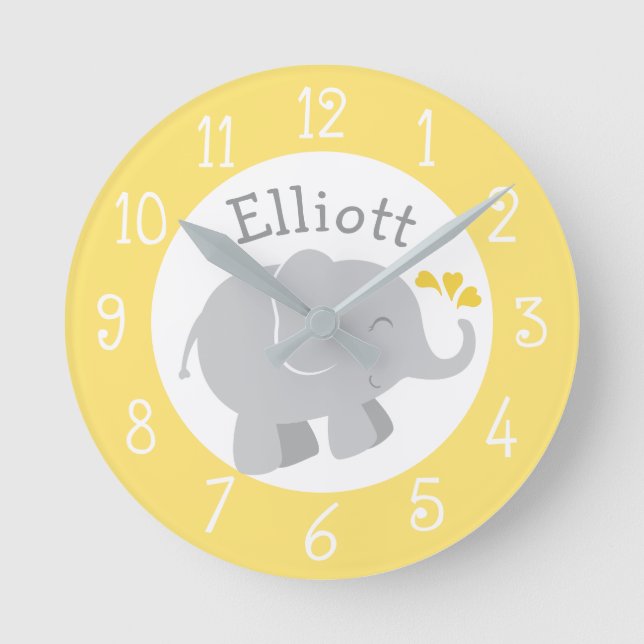Horloge Ronde Nursery éléphant moderne jaune et gris (Recto)