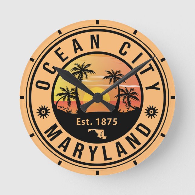 Horloge Ronde Ocean City Maryland Retro Sunset Souvenirs 60s (Recto)