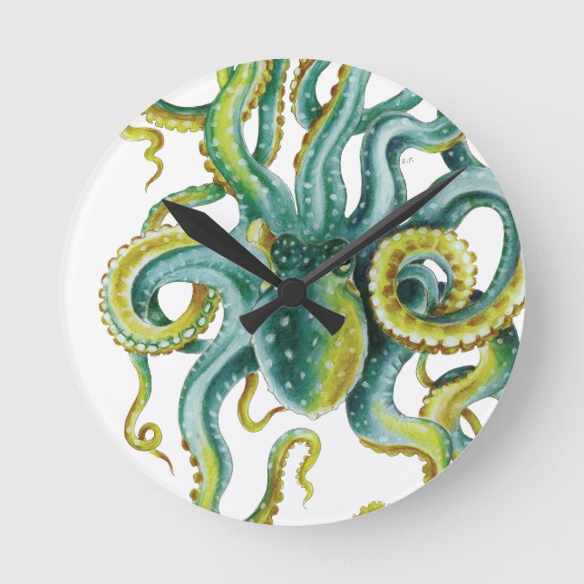 Horloge Ronde Octopus Vert aquarelle Art (Recto)