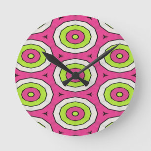 Horloge Ronde Oeil de taureau rose chaud, vert citron et blanc