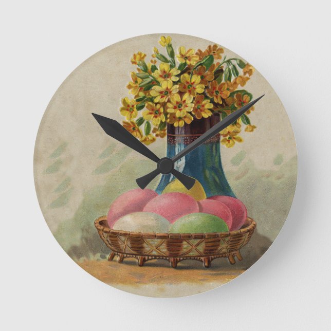 Horloge Ronde Oeufs Pâques Panier Fleurs Antique (Recto)