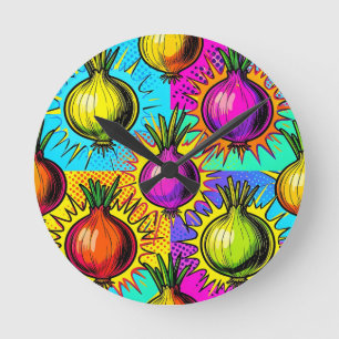 Horloge Ronde Oignons Colorés Pop Art