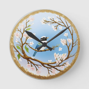 Horloge Ronde Oiseau bleu coloré perché sur une branche en fleur