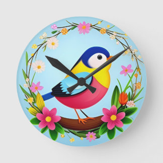 Horloge Ronde Oiseau Coloré Entouré de Couronne de Fleurs