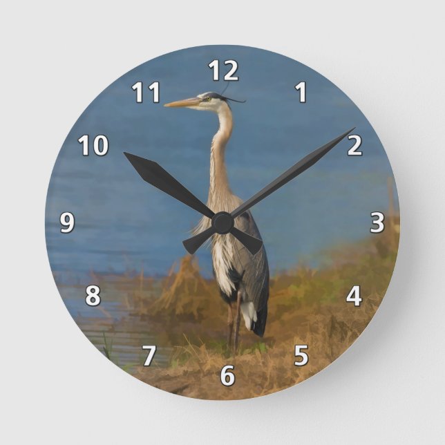Horloge Ronde Oiseau de grand héron bleu à l'étang (Recto)