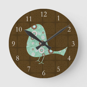 Horloge Ronde Oiseau mignon bleu/de brun motif