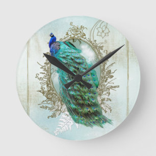 Horloge Ronde oiseau minable vintage de belle turquoise de paon