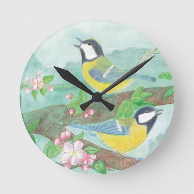 Horloge Ronde Oiseaux chantant sur une branche d'arbre en fleurs (Recto)