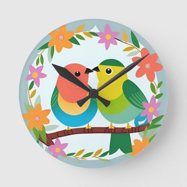 Horloge Ronde Oiseaux Colorés Posés sur une Branche (Recto)
