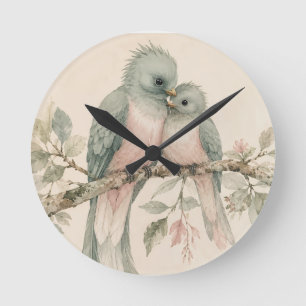 Horloge Ronde Oiseaux de l'amour à l'aquarelle vintage