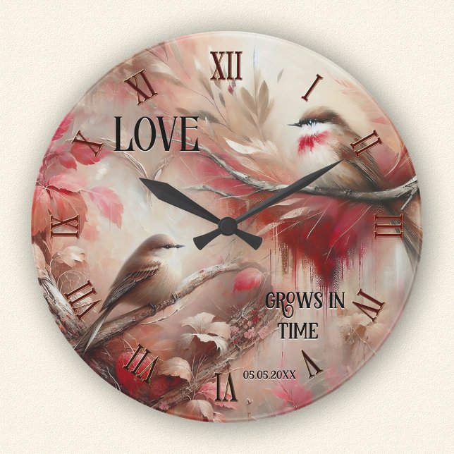 Horloge Ronde Oiseaux de l'amour fantaisistes romantiques  (Wall clock featuring a whimsical painting of two cute birds - with classic elegant Roman numerals)