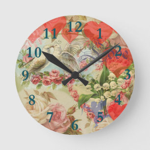 Horloge Ronde Oiseaux de l'amour Vintage Antique Cœur