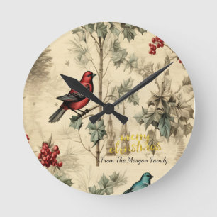 Horloge Ronde Oiseaux de Noël vintage houx baie