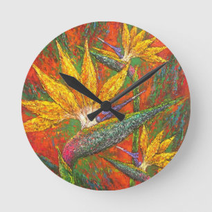 Horloge Ronde Oiseaux Tropicaux De Fleurs Paradisiaques Peinture