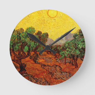 Horloge Ronde Oliviers de Van Gogh avec ciel jaune et soleil