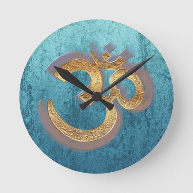 Horloge Ronde OM blue brass gold damask Asia Yoga Spiritualität (Recto)