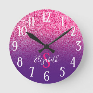Horloge Ronde Ombre de Parties scintillant violet et rose chaud