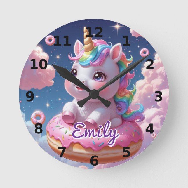 Horloge Ronde Onglet murale Unicorn Donut - Nom modifiable (Recto)