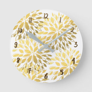 Horloge Ronde Or & Blanc Art floral moderne faux foil glamour