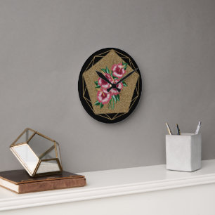 Horloge Ronde Or Hibiscus