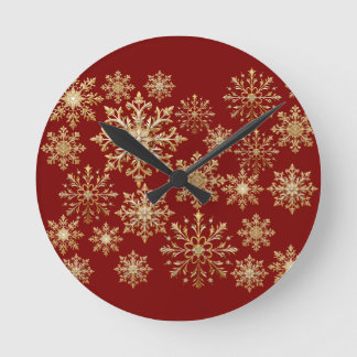 Horloge Ronde Or Noël et flocon de neige rouge