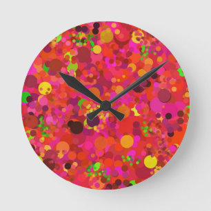 Horloge Ronde Or vert rouge et motif coloré de points roses