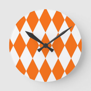 Horloge Ronde Orange blanc Arlequin Diamants Checkers Design