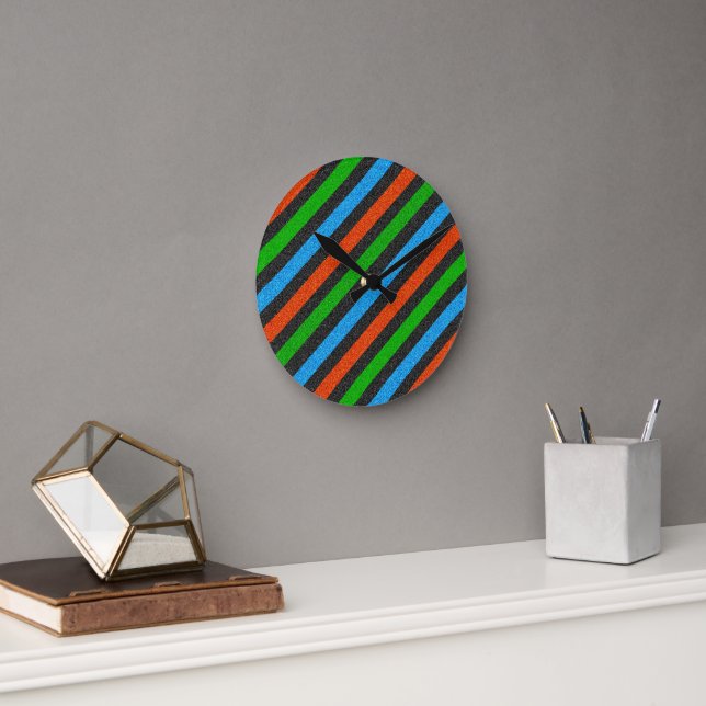 Horloge Ronde Orange, Bleu, Vert, Parties scintillant noire rayé (Bureau)