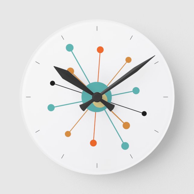 Horloge Ronde Orange Turquoise L'Âge Atomique Commencé Mi-Siècle (Recto)