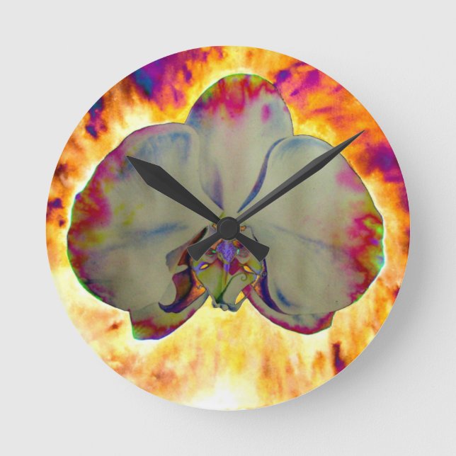 Horloge Ronde Orchidée de feu, abstraite aquarelle vive florale (Recto)