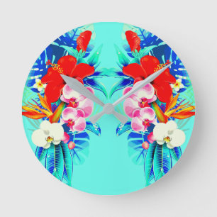 Horloge Ronde Orchidée tropicale et palmier feuille floral hawaï